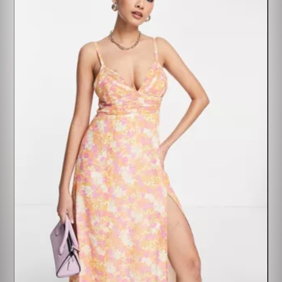 ASOS DESIGN cami pleated midi dress with if split in coral floral print - Picture 2 of 11